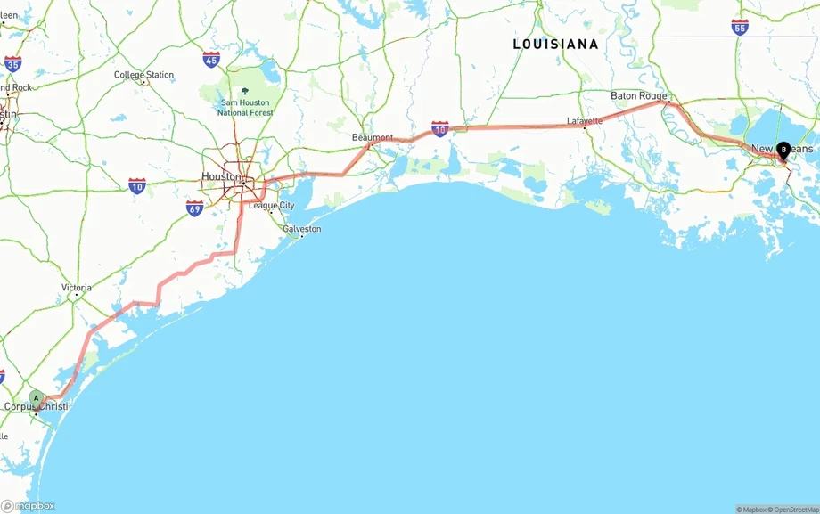 Corpus Christi to Port of New Orleans freight shipping route map
