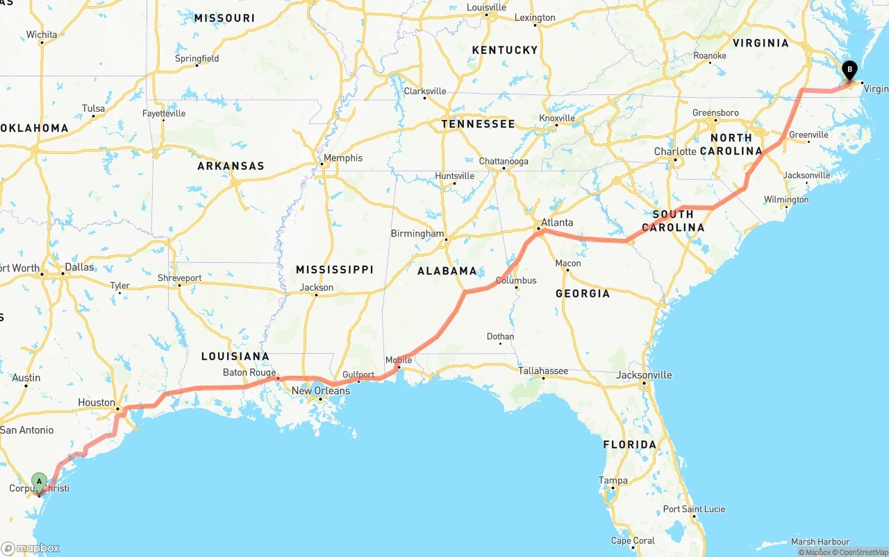 Shipping route from Corpus Christi to Port of Norfolk