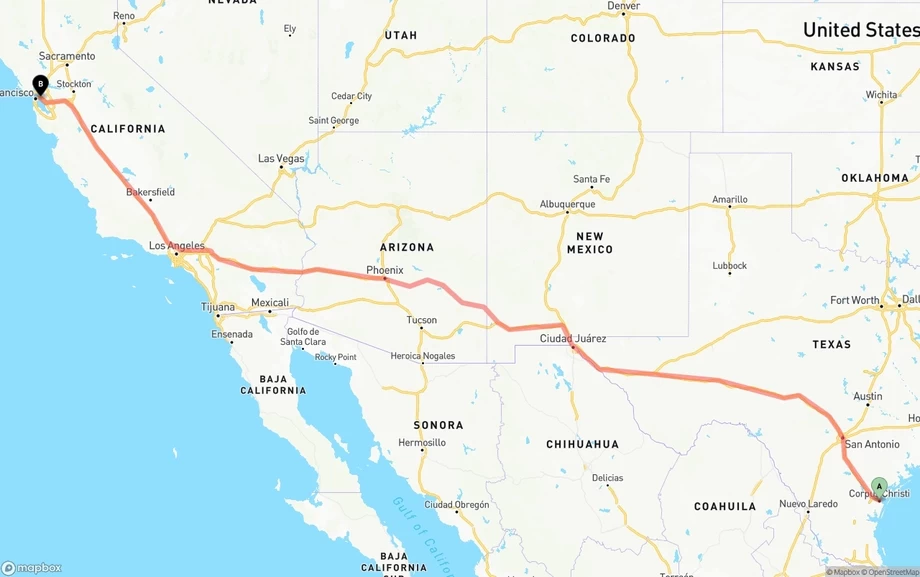 Corpus Christi to Port of Oakland freight shipping route map
