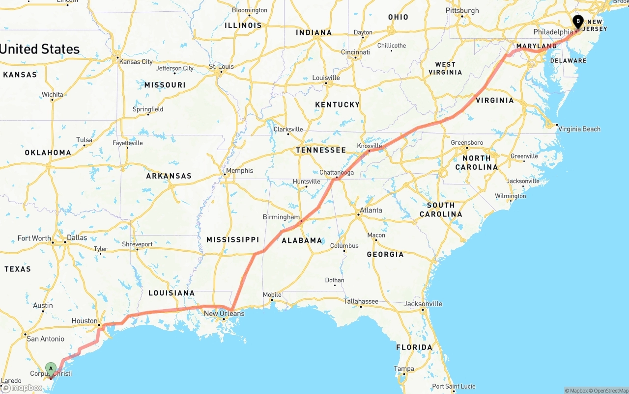 Shipping route from Corpus Christi to Port of Philadelphia