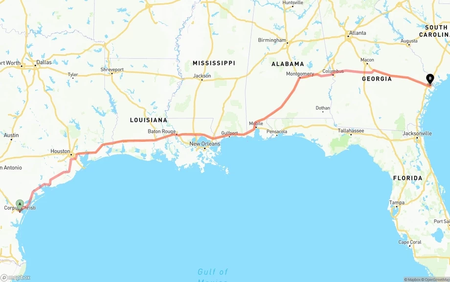 Corpus Christi to Port of Savannah freight shipping route map