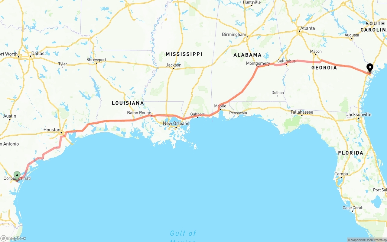 Shipping route from Corpus Christi to Port of Savannah