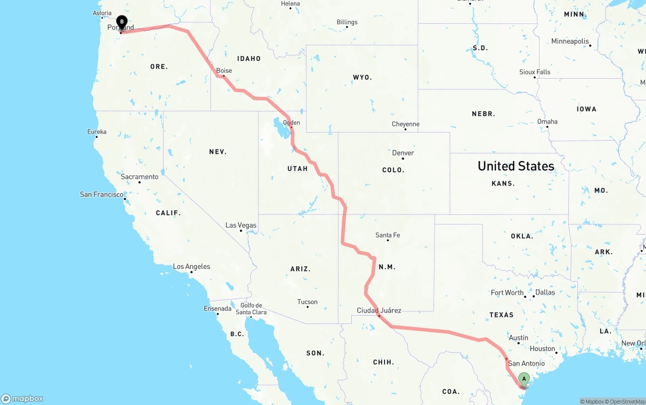Shipping route from Corpus Christi to Portland International Airport