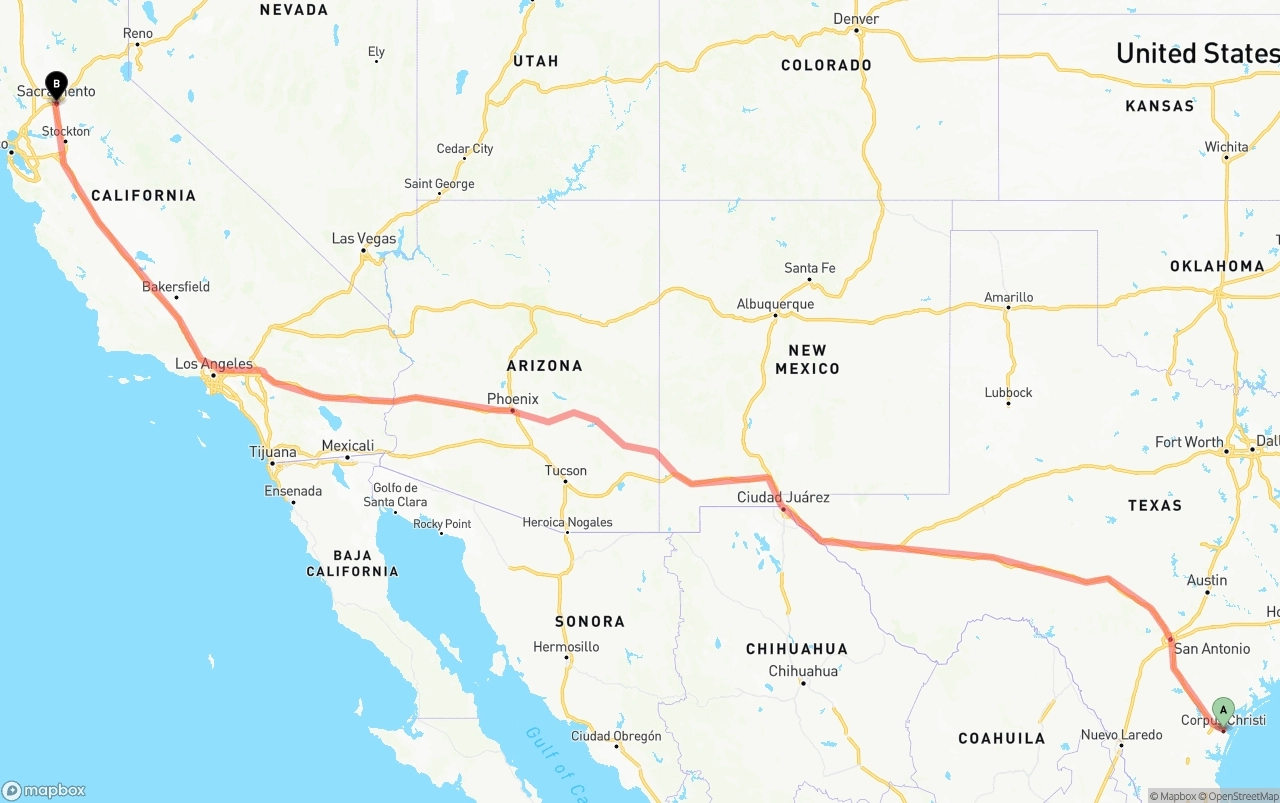 Shipping route from Corpus Christi to Sacramento
