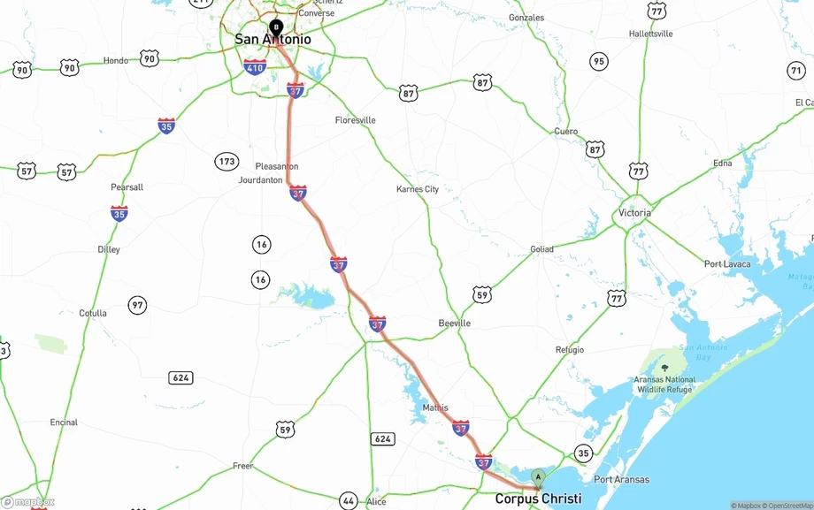 Corpus Christi to San Antonio freight shipping route map