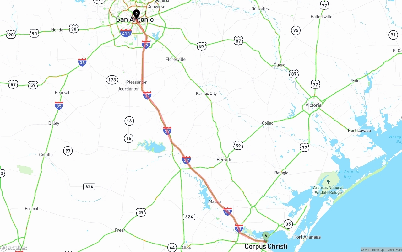 Shipping route from Corpus Christi to San Antonio