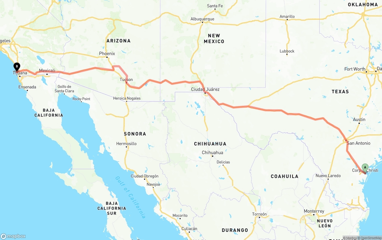 Shipping route from Corpus Christi to San Diego International Airport