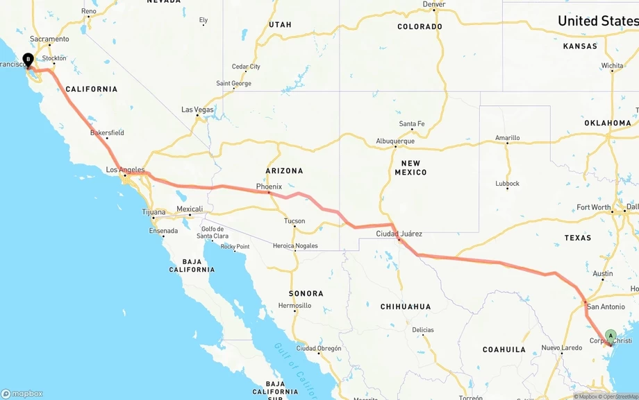 Corpus Christi to San Francisco freight shipping route map