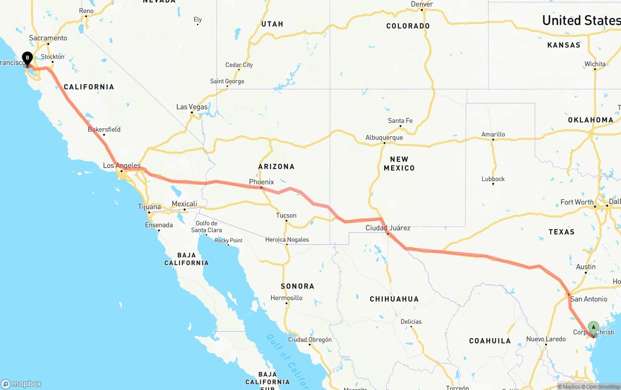 Shipping route from Corpus Christi to San Francisco
