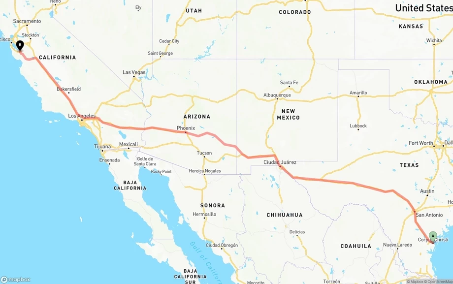 Corpus Christi to San Jose freight shipping route map
