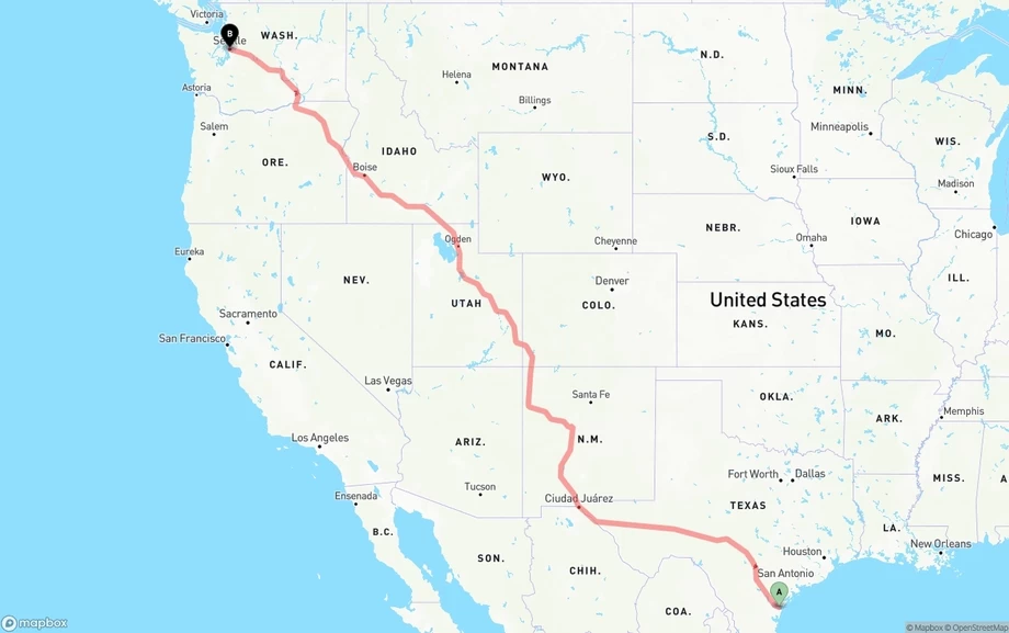 Corpus Christi to Seattle freight shipping route map