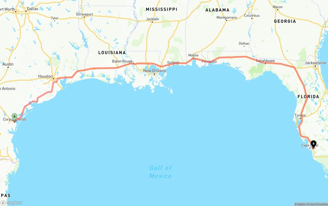 Shipping route from Corpus Christi to Southwest Florida International Airport