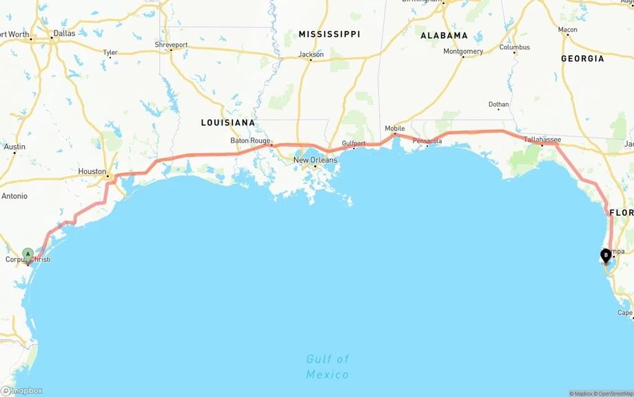 Corpus Christi to St. Petersburg freight shipping route map