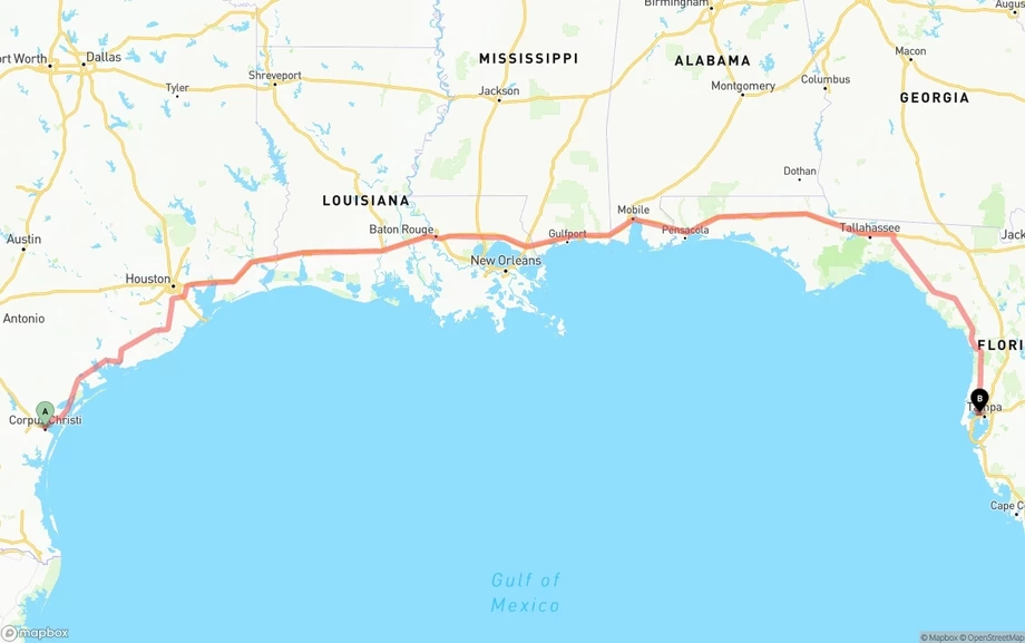 Corpus Christi to Tampa International Airport freight shipping route map