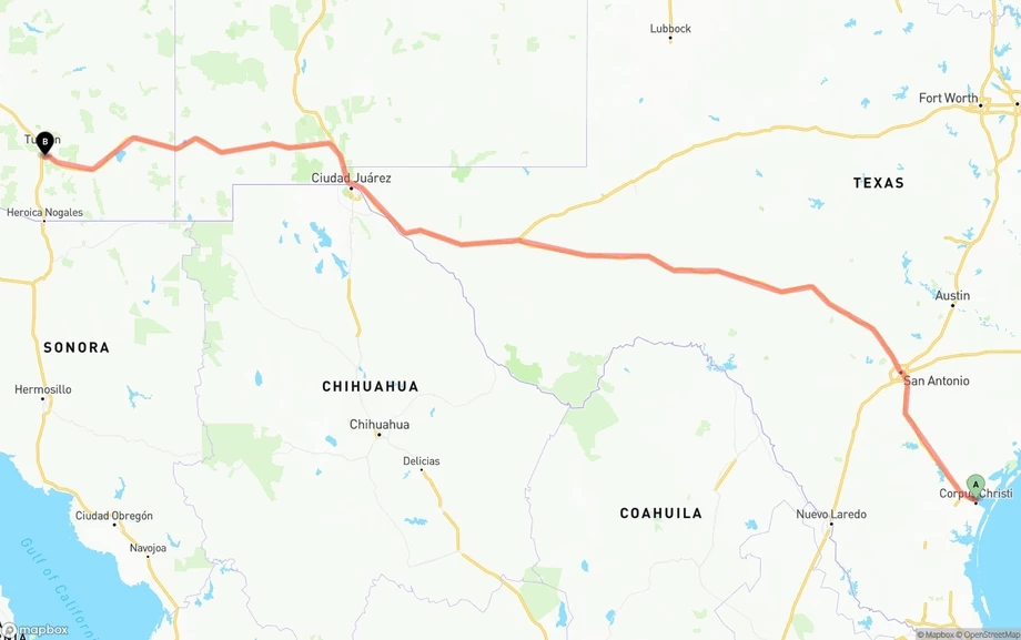 Corpus Christi to Tucson International Airport freight shipping route map