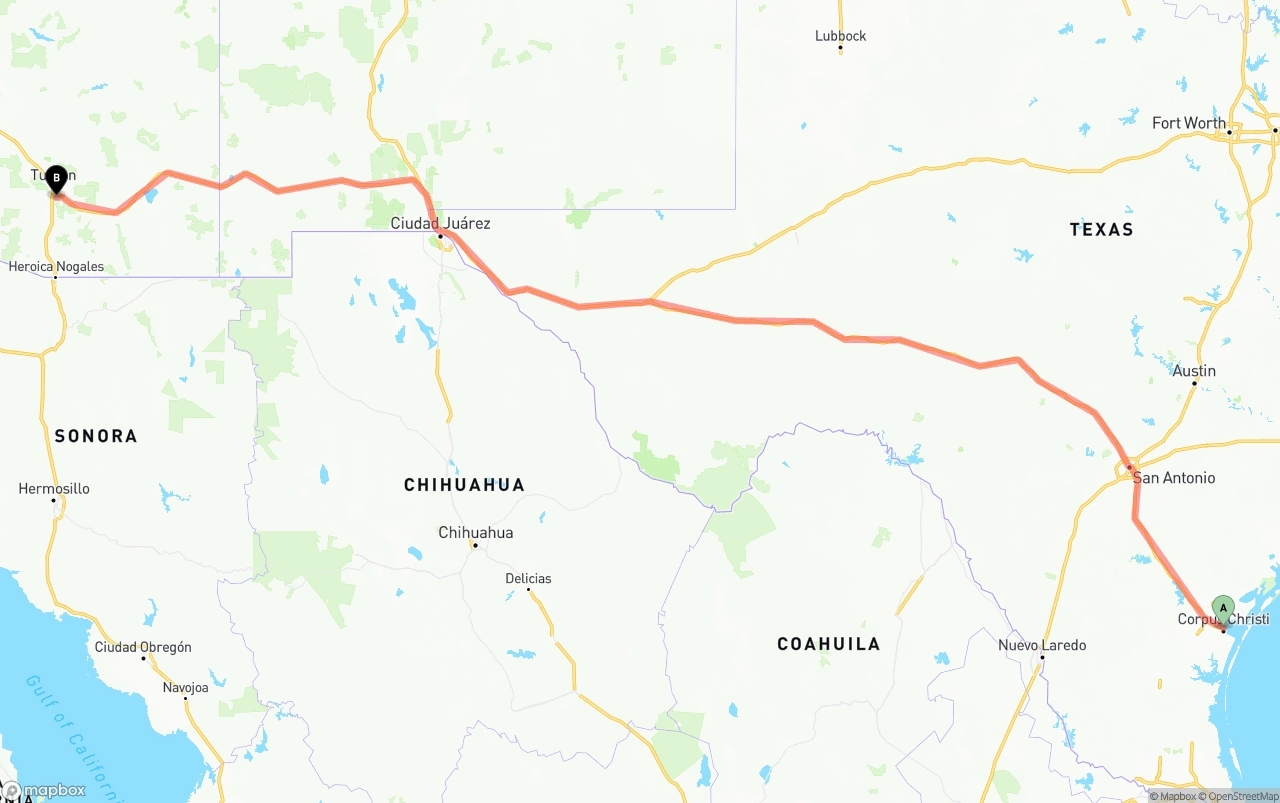 Shipping route from Corpus Christi to Tucson International Airport