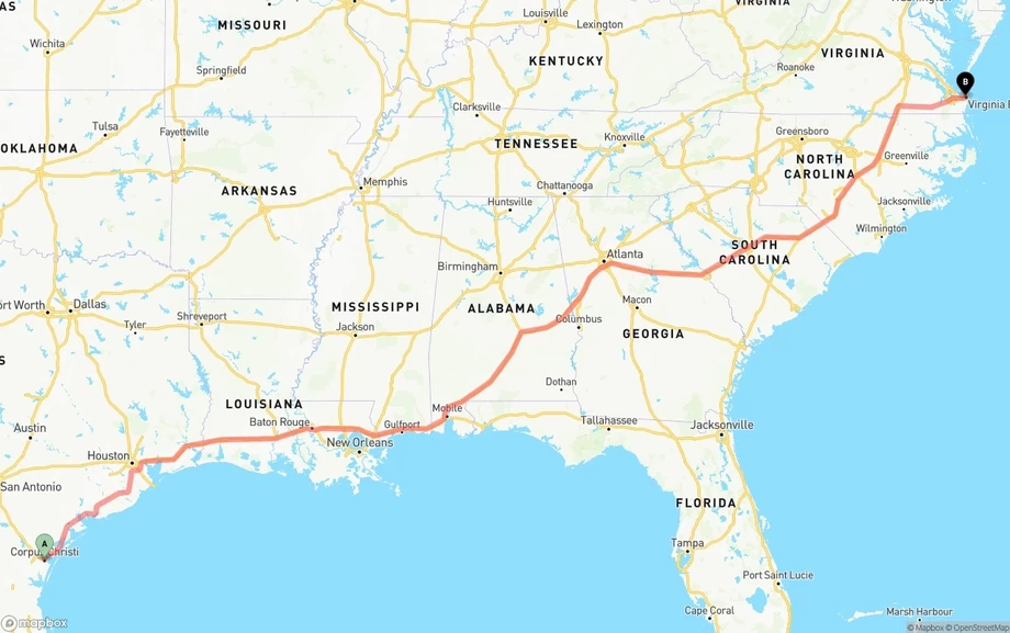 Corpus Christi to Virginia Beach freight shipping route map