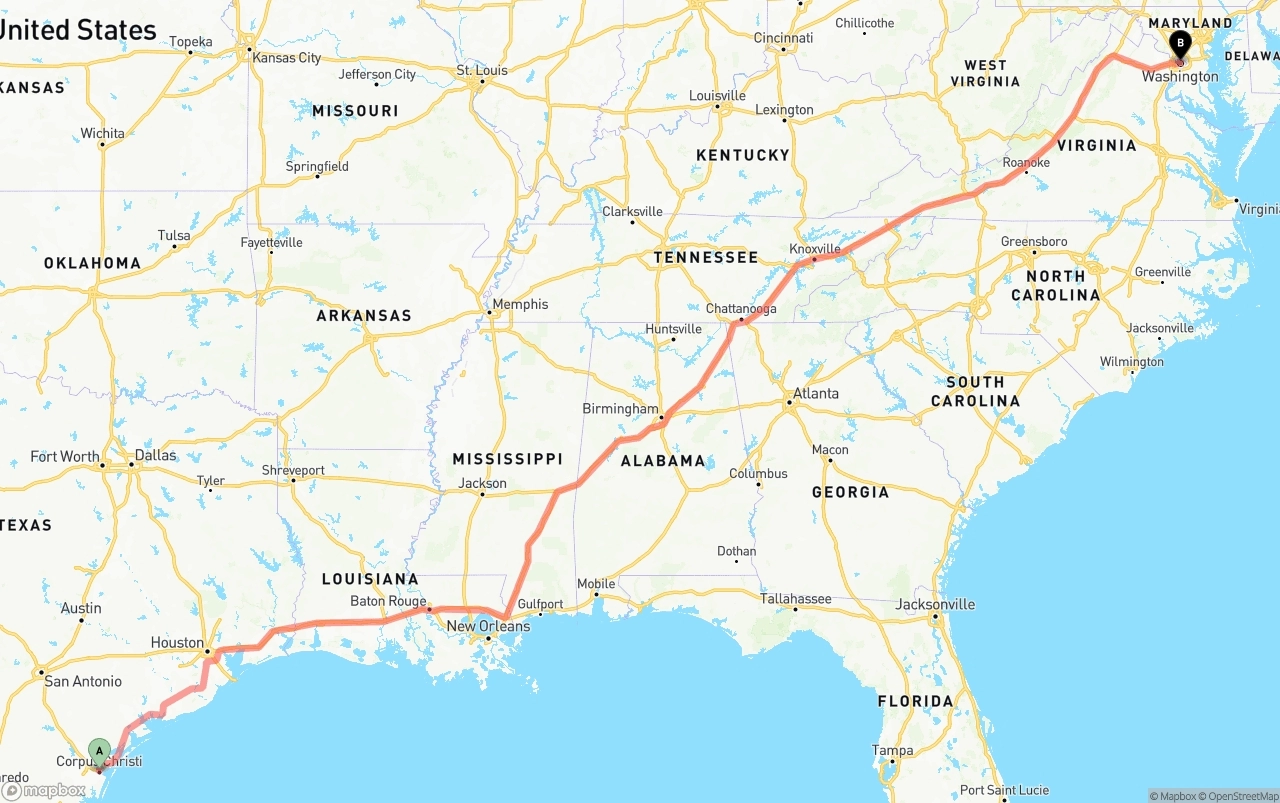 Shipping route from Corpus Christi to Washington D.C.