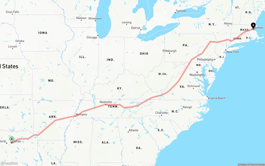 Dallas to Boston freight shipping route map