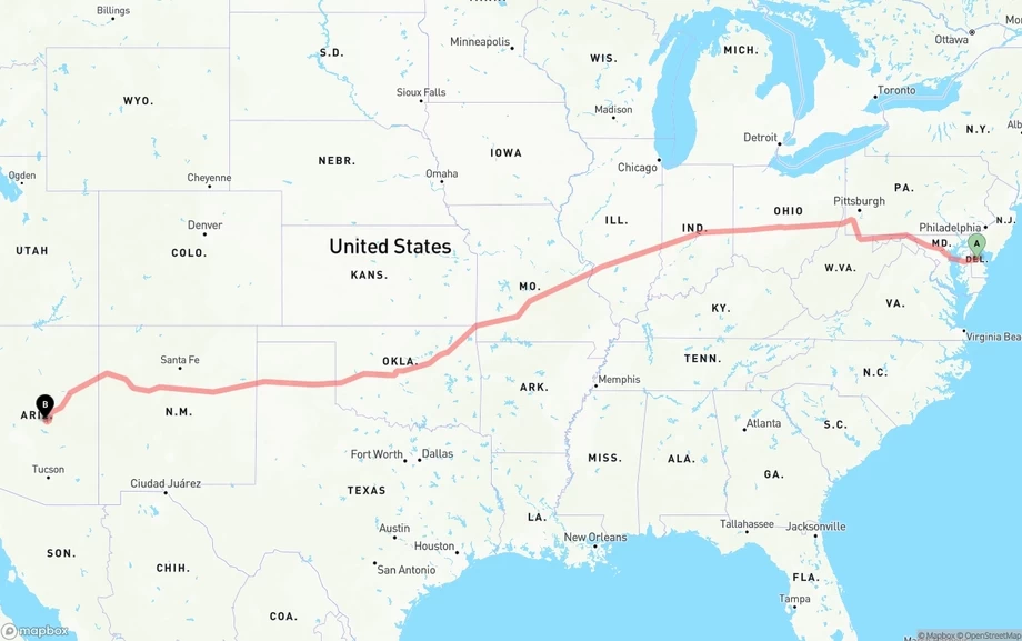 Delaware to Arizona freight shipping route map
