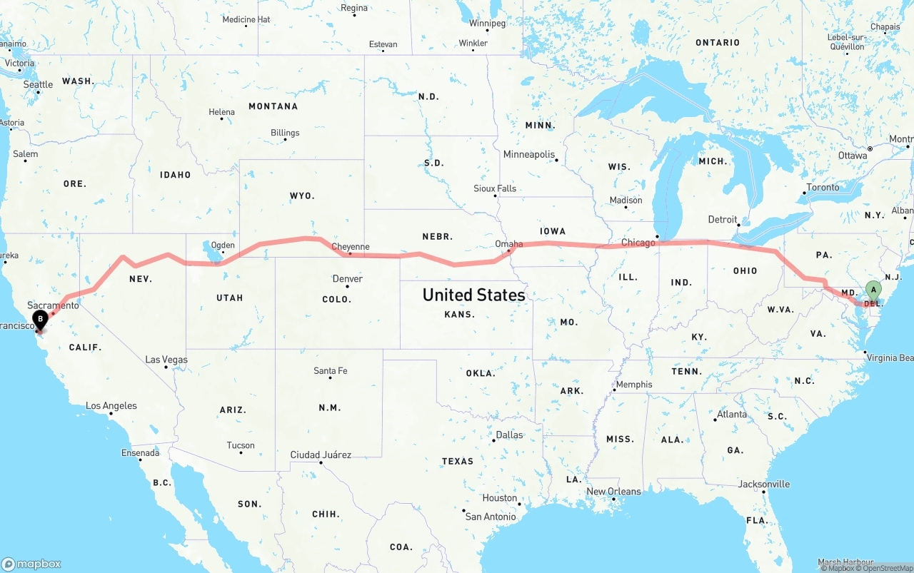 Shipping route from Delaware to Oakland International Airport