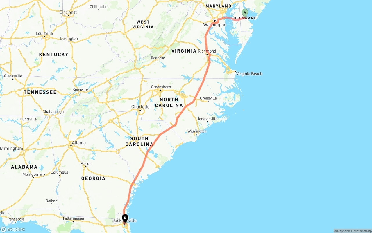 Shipping route from Delaware to Port of Jacksonville