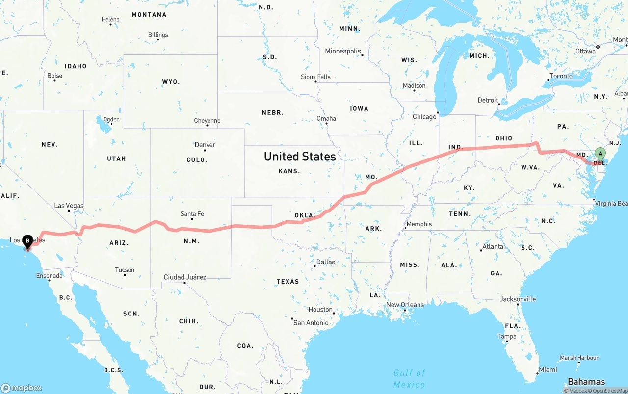 Shipping route from Delaware to Port of Long Beach