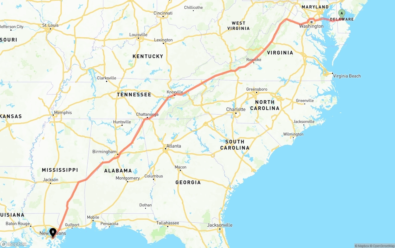 Shipping route from Delaware to Port of New Orleans