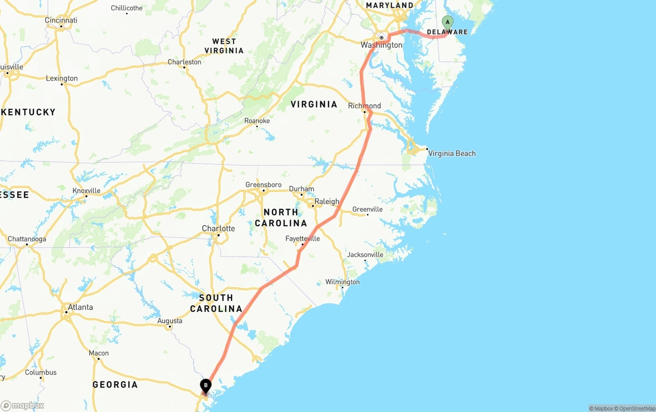 Shipping route from Delaware to Port of Savannah