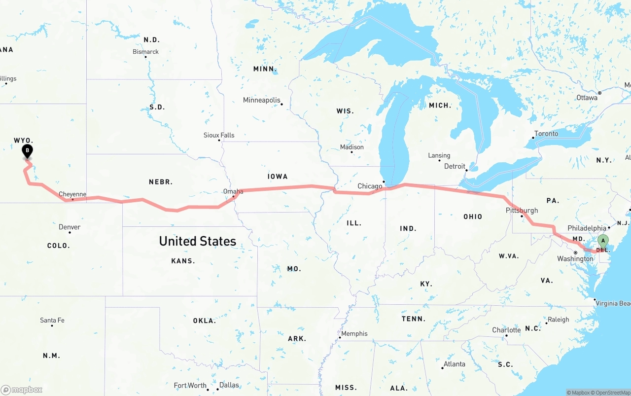 Shipping route from Delaware to Wyoming