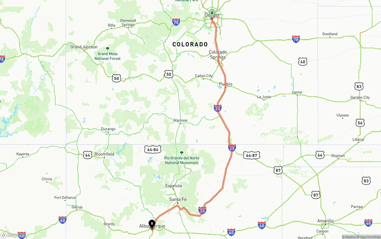 Shipping route from Denver to Albuquerque