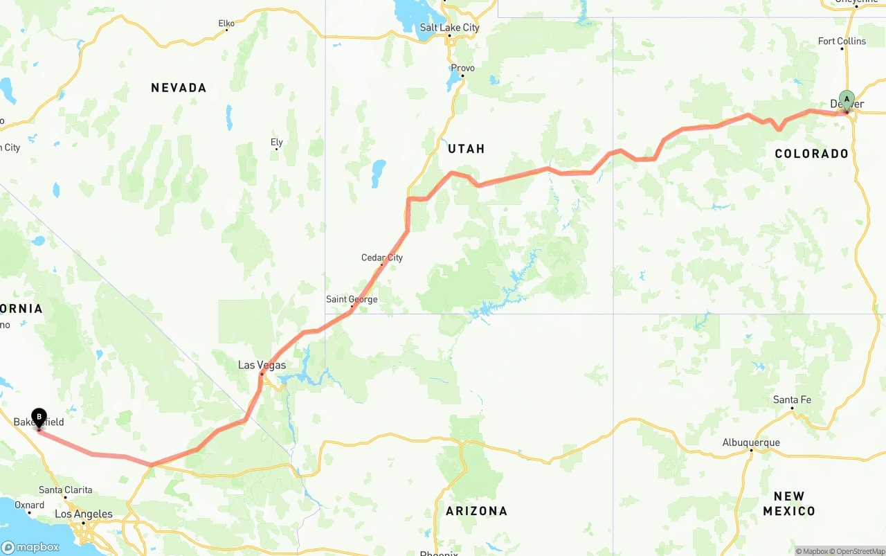 Shipping route from Denver to Bakersfield