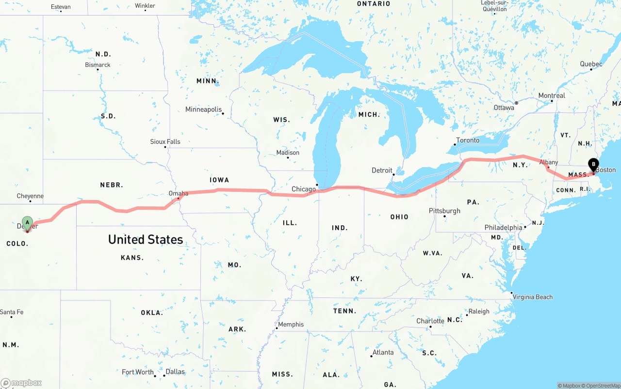 Shipping route from Denver to Boston