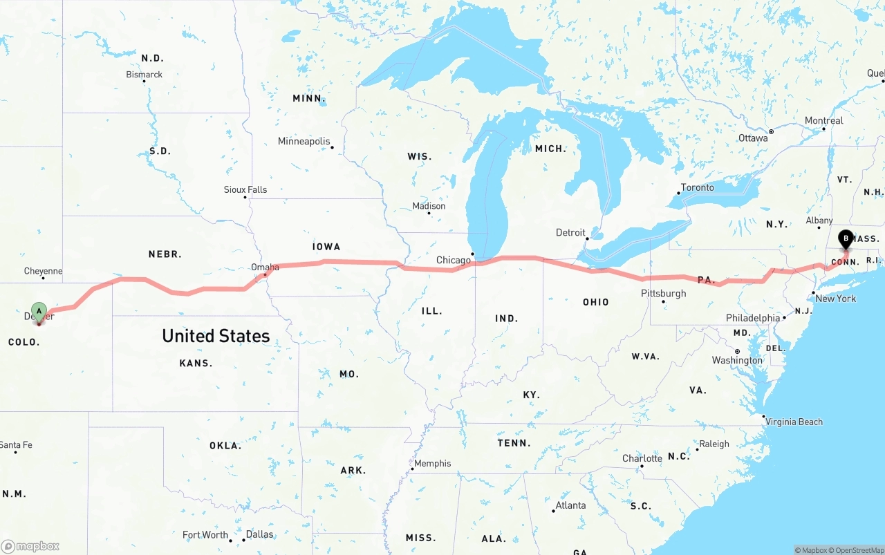 Shipping route from Denver to Bradley International Airport