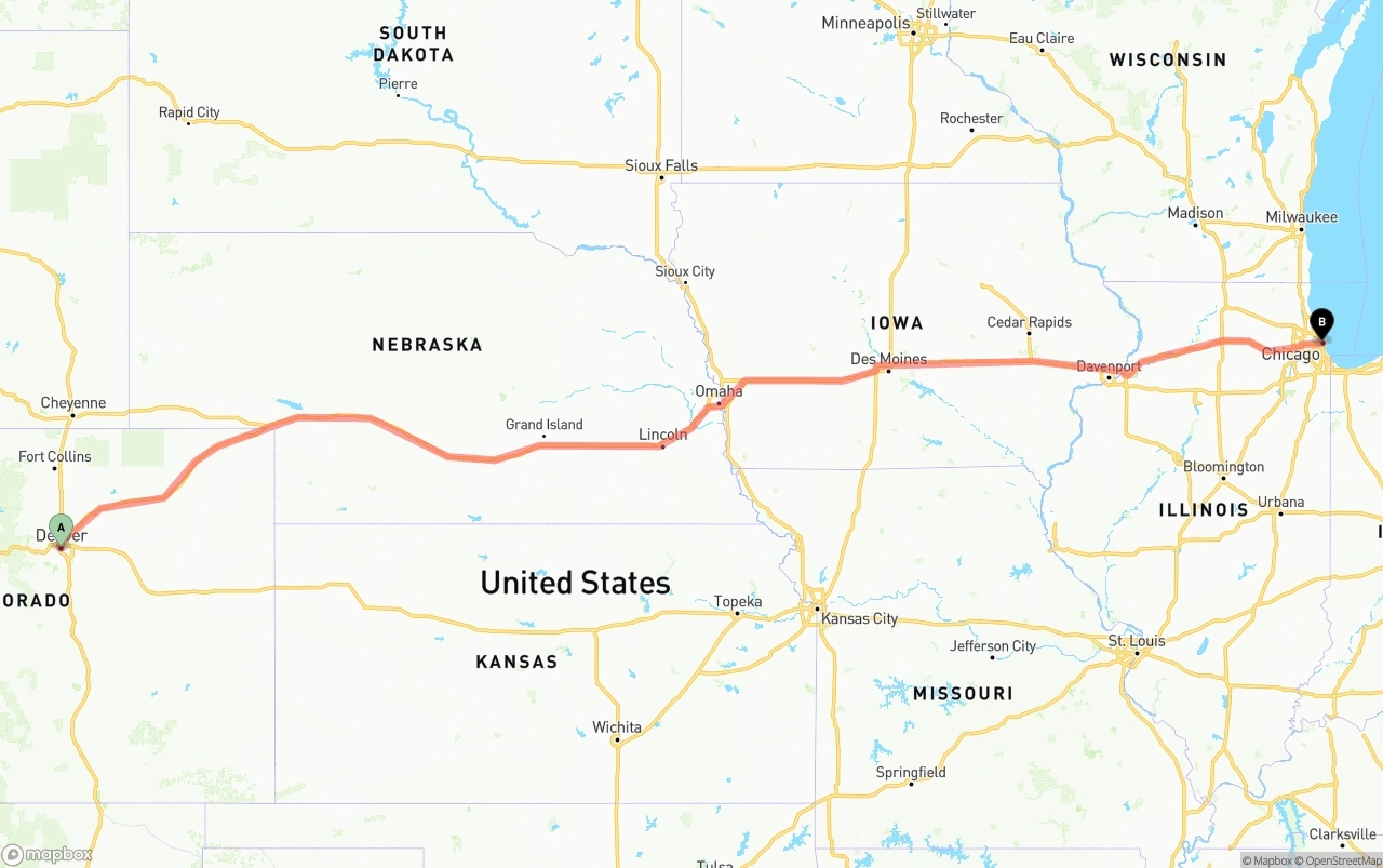 Shipping route from Denver to Chicago