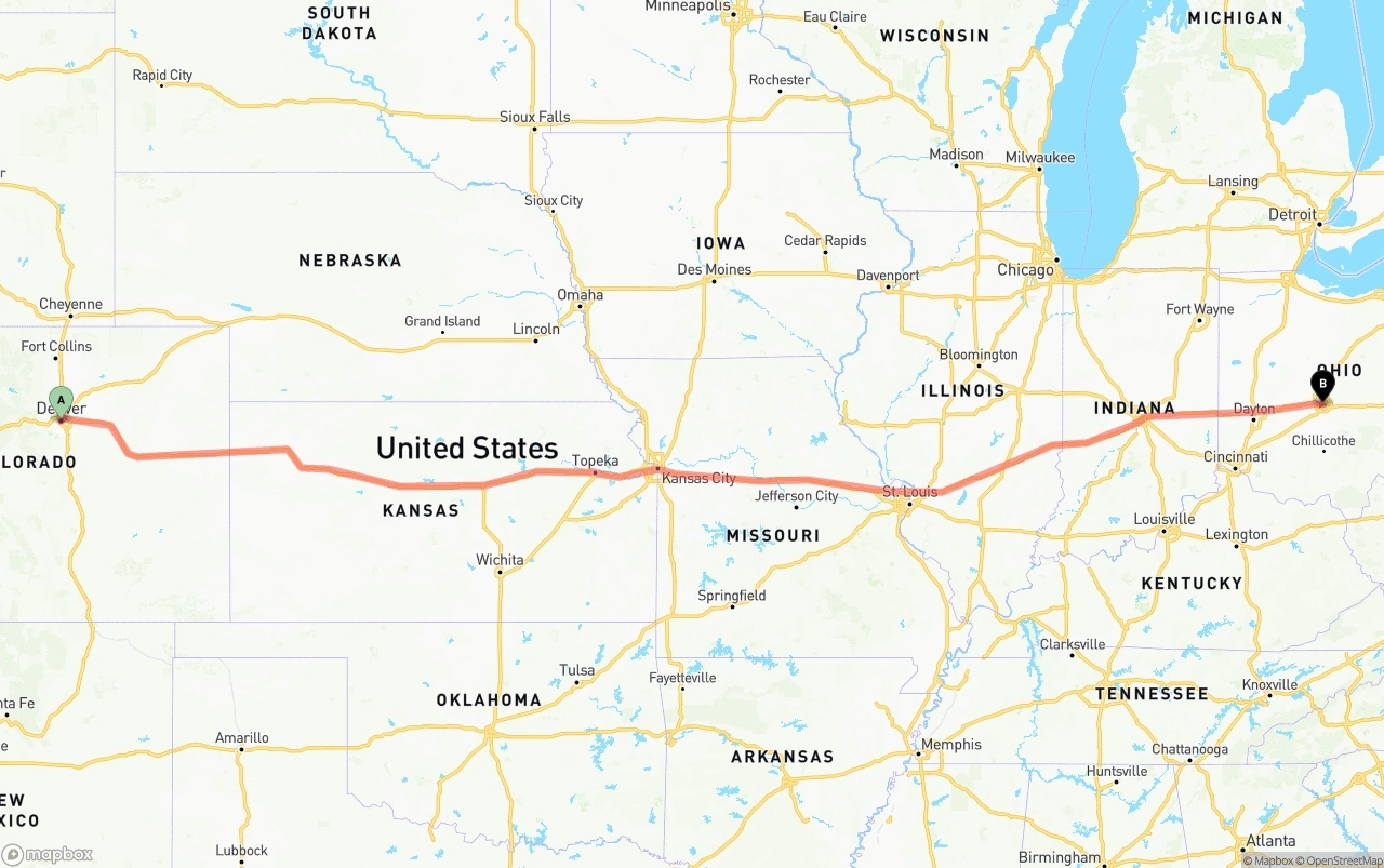 Shipping route from Denver to Columbus