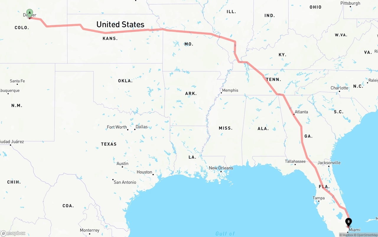 Shipping route from Denver to Ft. Lauderdale