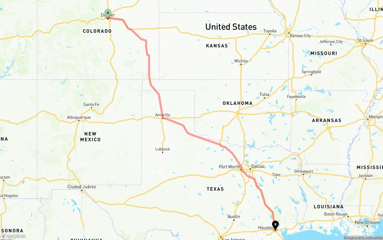 Shipping route from Denver to Houston