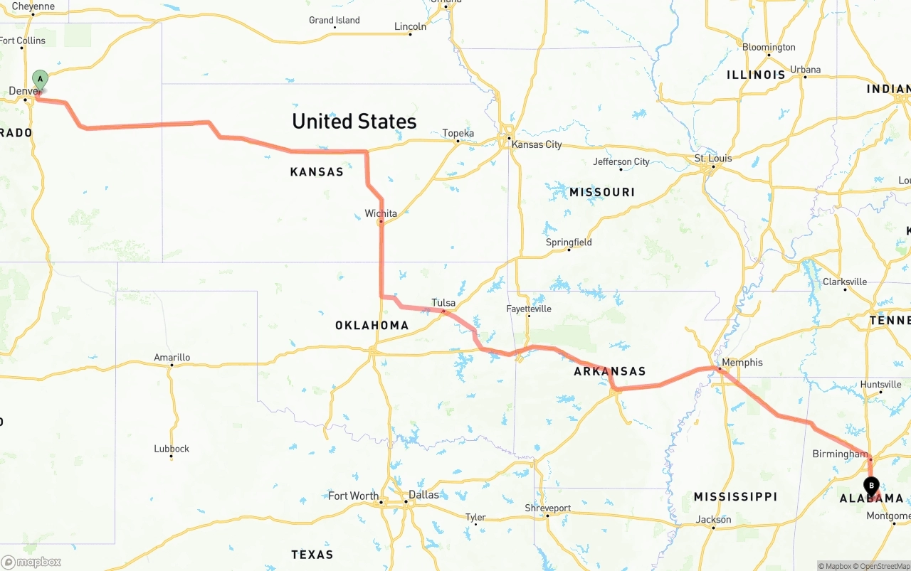 Shipping route from Denver International Airport to Alabama