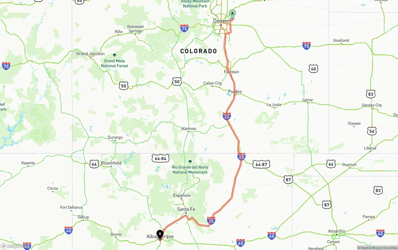 Shipping route from Denver International Airport to Albuquerque