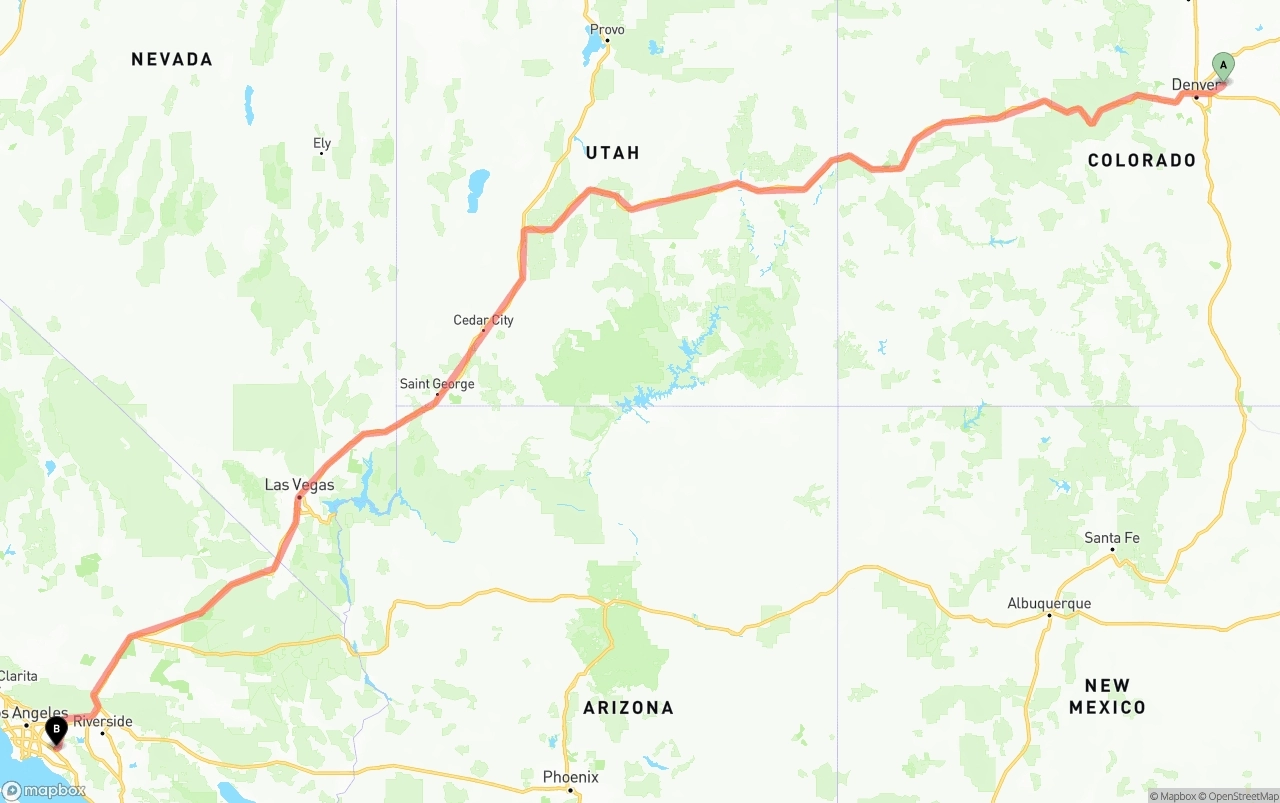 Shipping route from Denver International Airport to Anaheim