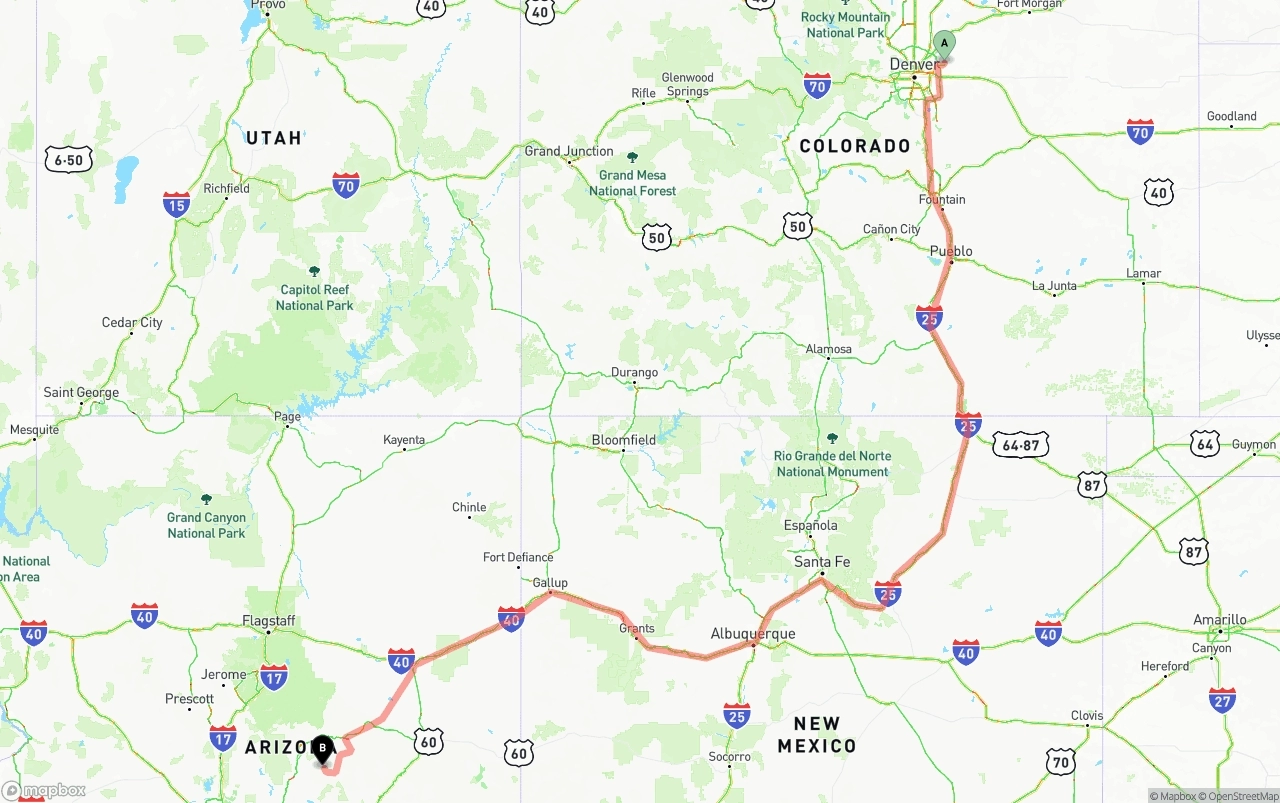 Shipping route from Denver International Airport to Arizona