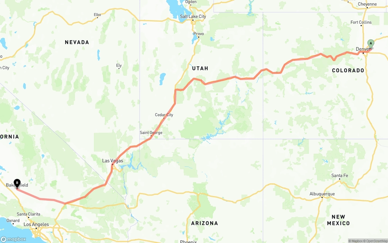 Shipping route from Denver International Airport to Bakersfield