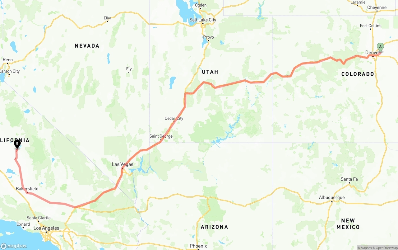 Shipping route from Denver International Airport to California