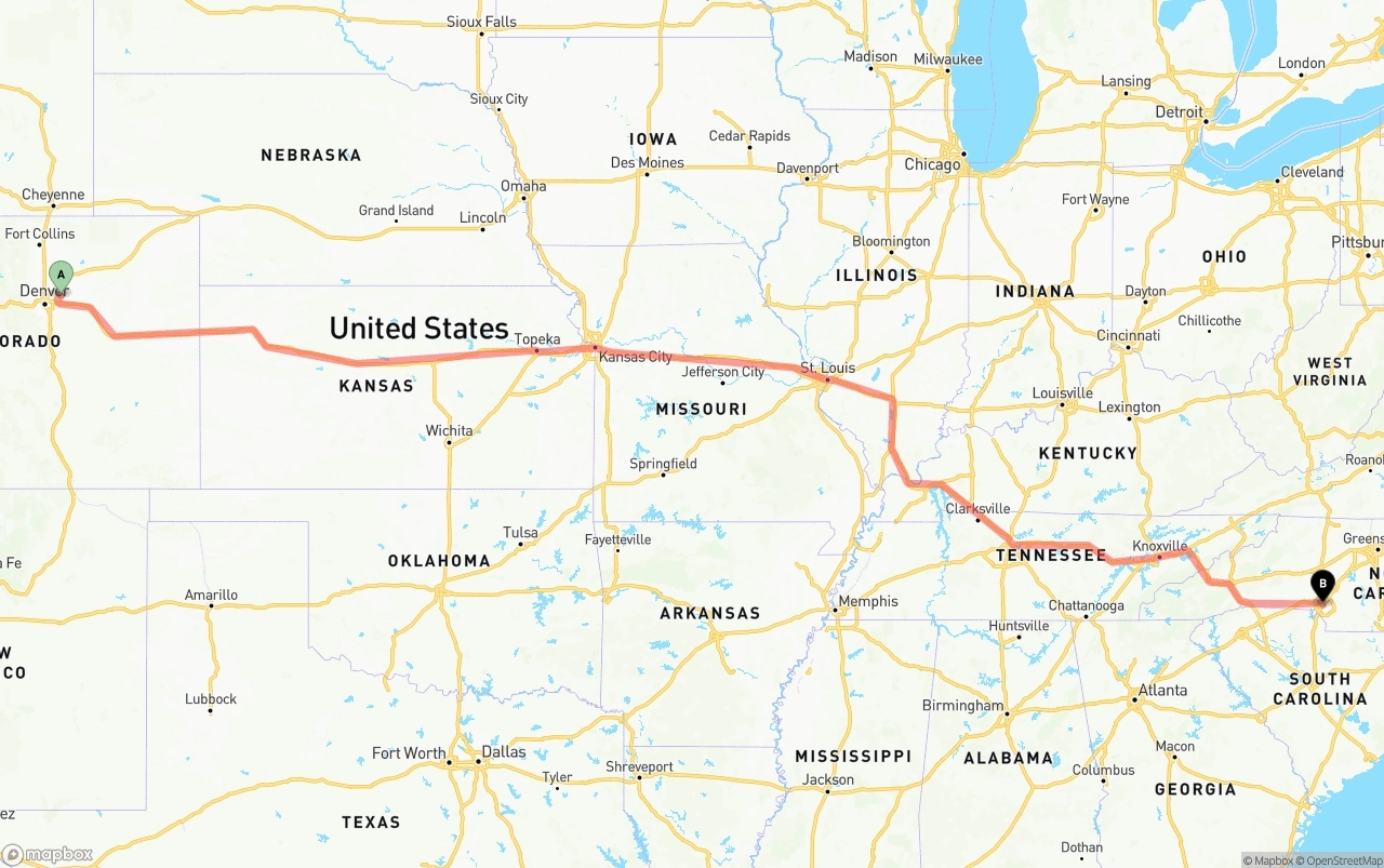 Shipping route from Denver International Airport to Charlotte