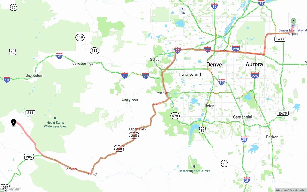 Shipping route from Denver International Airport to Colorado