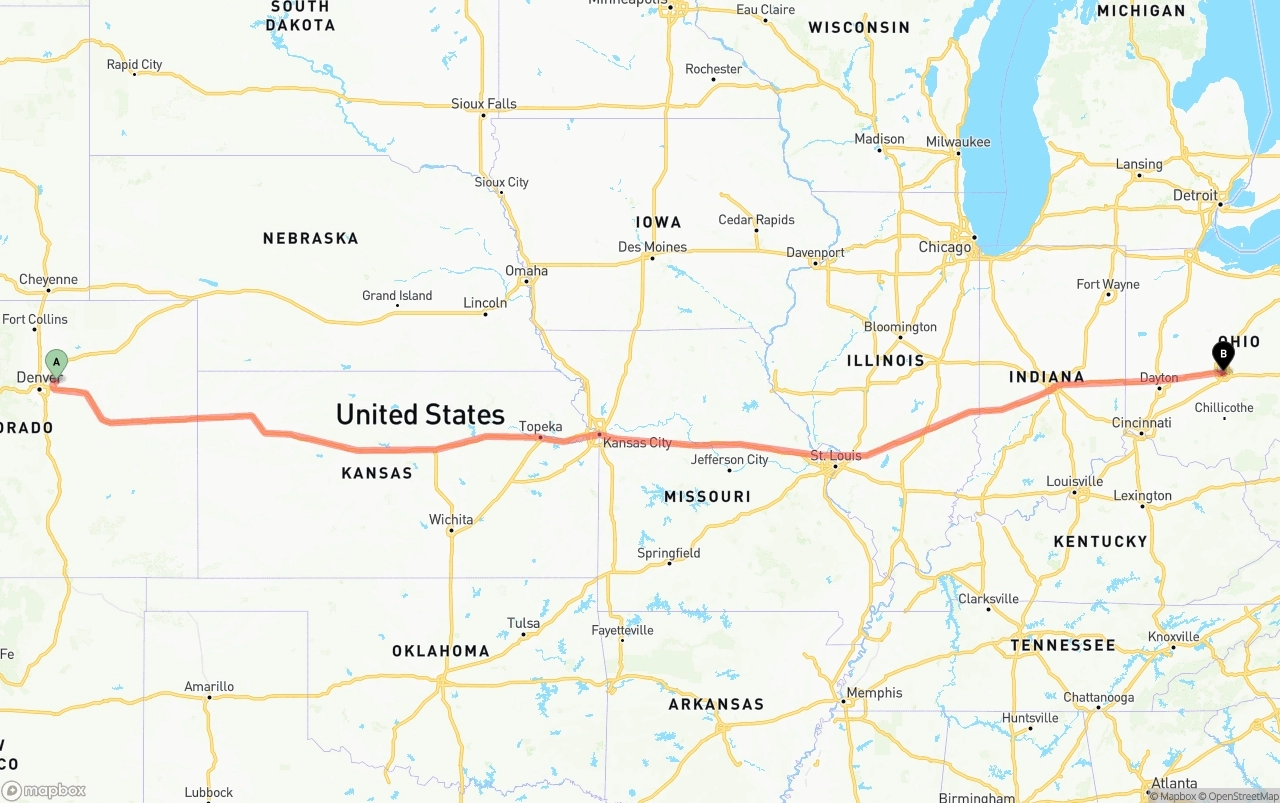 Shipping route from Denver International Airport to Columbus