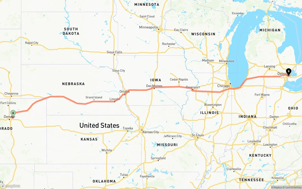 Shipping route from Denver International Airport to Detroit