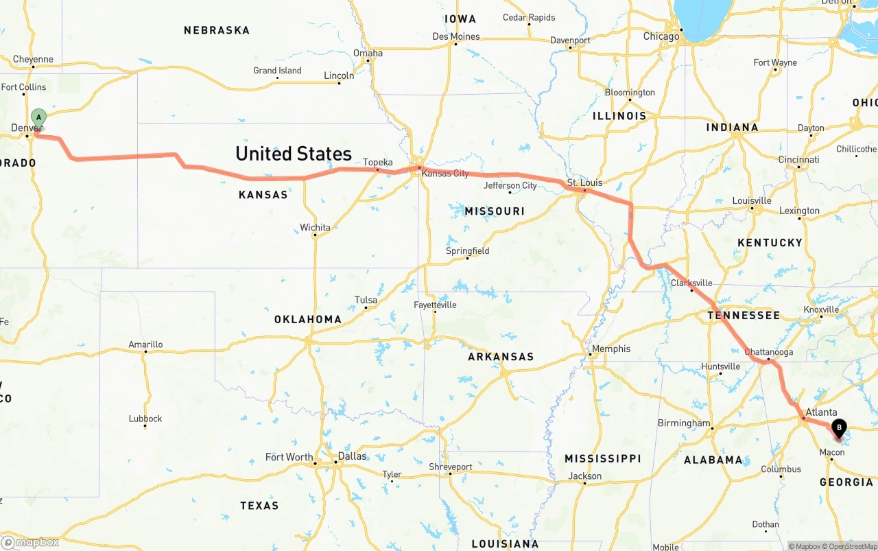 Shipping route from Denver International Airport to Georgia
