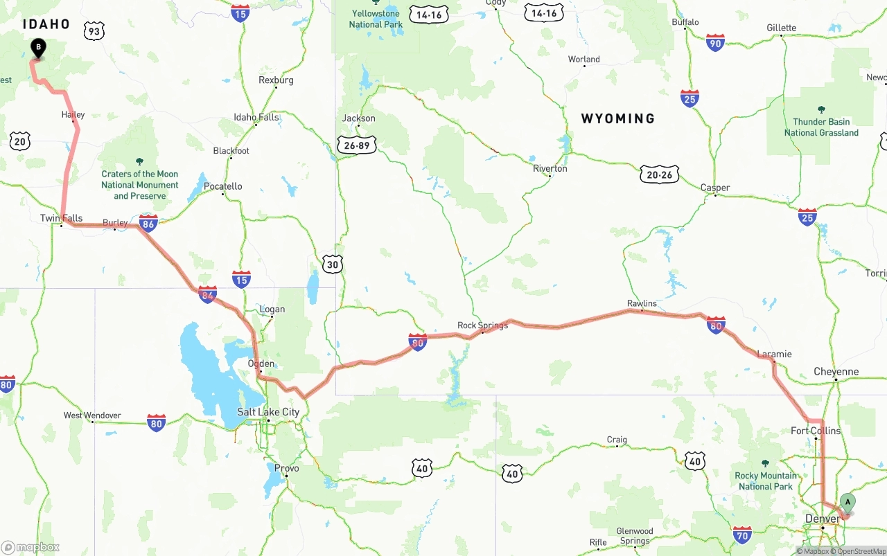 Shipping route from Denver International Airport to Idaho